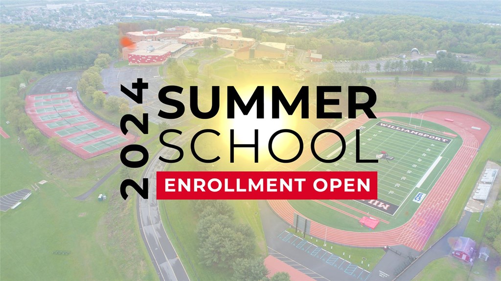 A graphic displaying 2024 Summer School Enrollment Open overlaying an aerial photo of the high school campus.