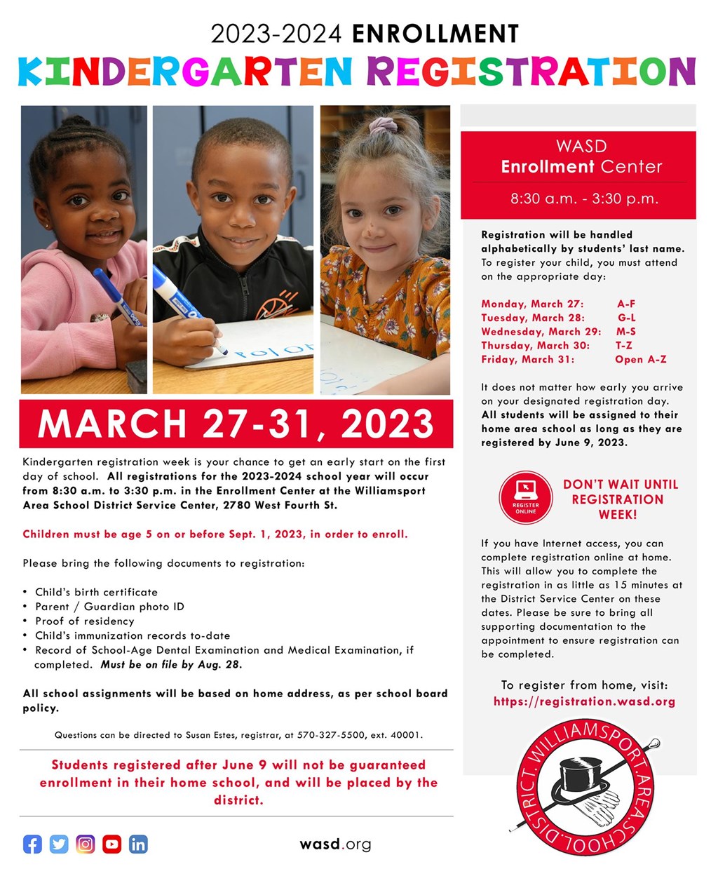 Kindergarten Registration Week Scheduled for March 2731 Williamsport